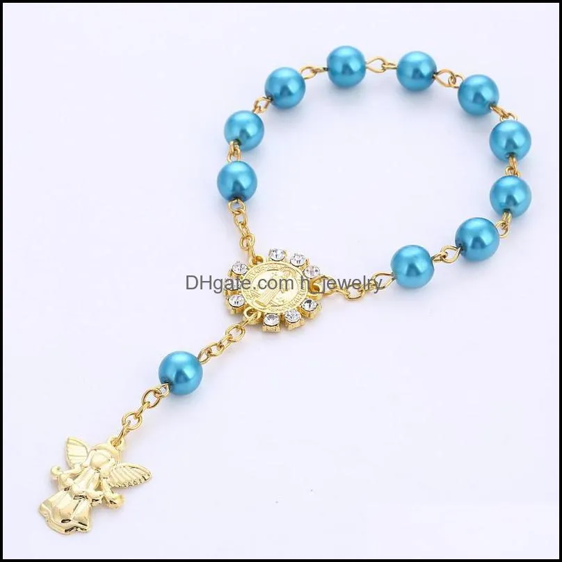 link chain catholic religious glass pearl beads cross rosary bracelets angel jesus saint baptism chaplet braclet for girl jewelry