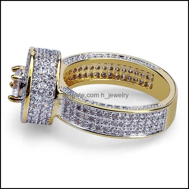 luxury bling cubic zirconia wedding rings for men women fashion 18k gold plated copper circle geometric hip hop jewelry party gifts 3474