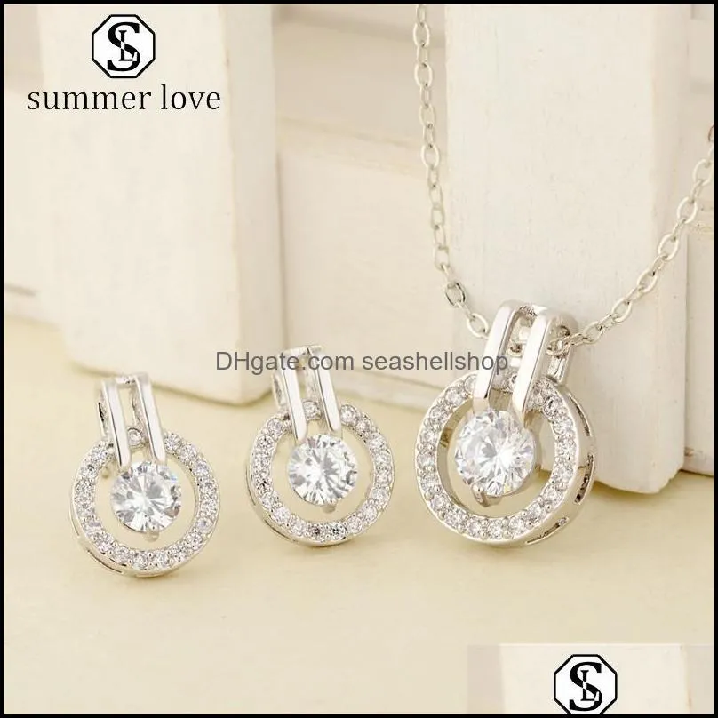  fashion cubic zirconia shiny rhinestone pendant necklace stud earrings set small round 3a cz bridesmaid wedding jewelry gifty