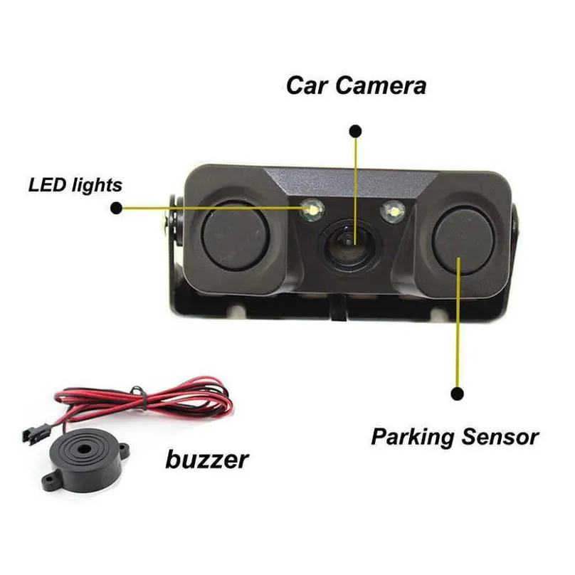 hd car rear view camera 3 in 1 parking radar detector sensor led night vision waterproof reverse camera