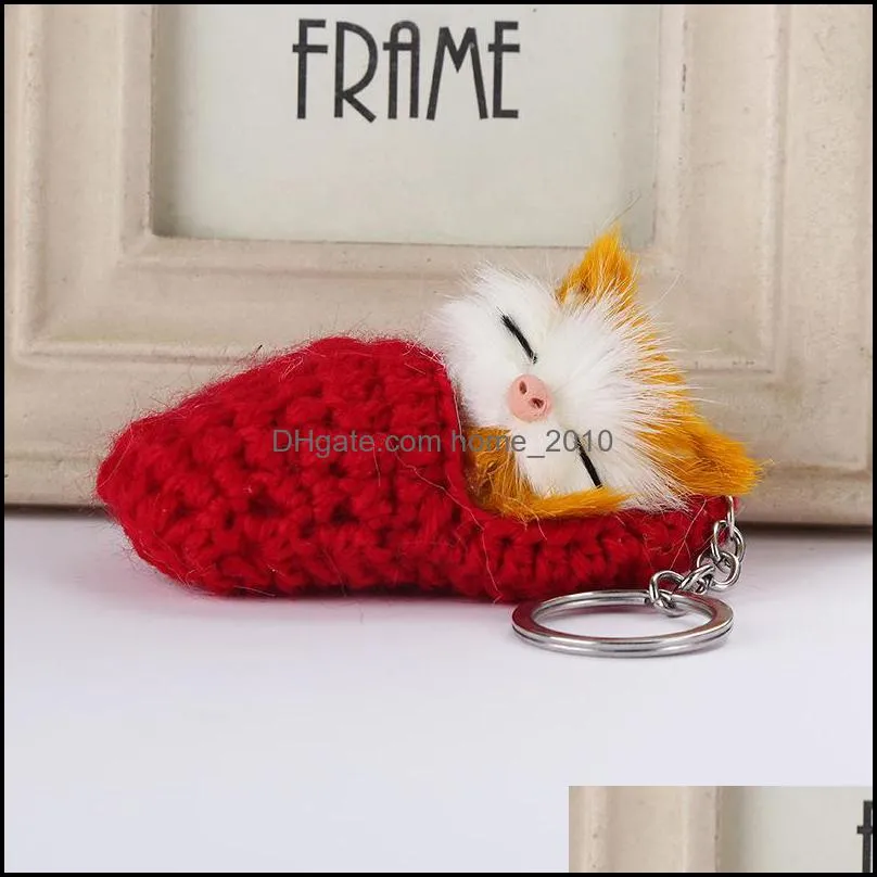 cute knit furry sleeping cat keyring keychain car key holder women handbag pendant decorative ornament wq652