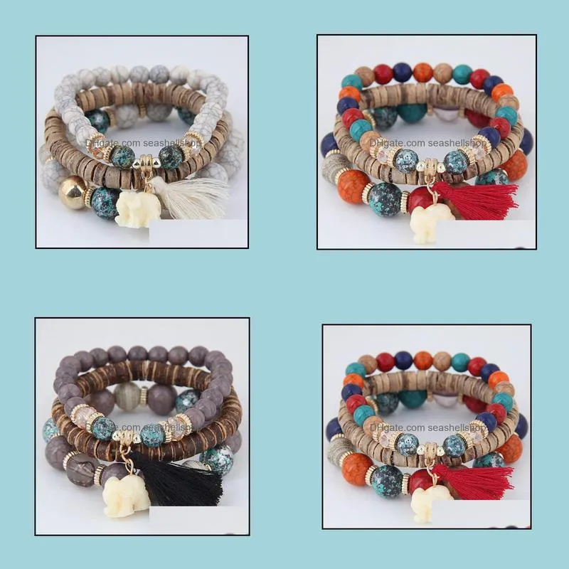 wooden beads bracelets for women bohemia jewelry elephant tassel charm bracelets bangles set