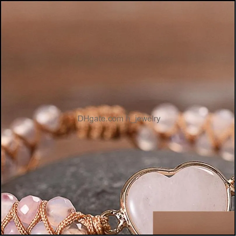 women rose quartz heart stone charm pink jasper bead string braided bracelet handwoven natural adjustable wrap bracelets tennis 3684