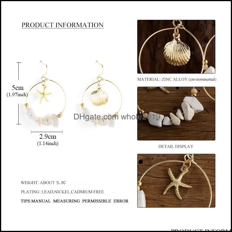 vintage shell starfish earring for women girls boho gold plated geometric round circle with stone beads earrings summer beach