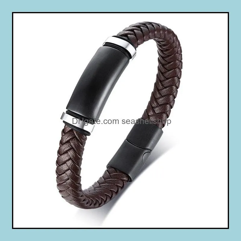 stainless steel retro mens atmospheric braided leather rope bend brand bracelet trendy male personality titanium steel hiphop