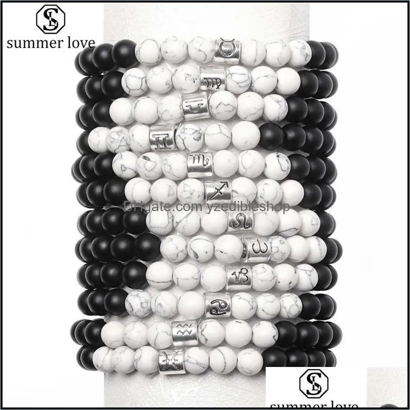 trendy white 12 constellations bead bracelet howlite black matta agate charm bracelet for men fashion jewelry wholesalez