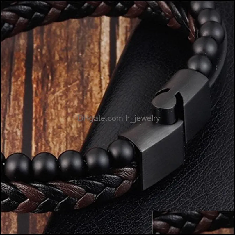 bangle fashion natural stone magnetic button leather 21cm braided bracelet mens titanium steel jewelry nice gift 3418 q2