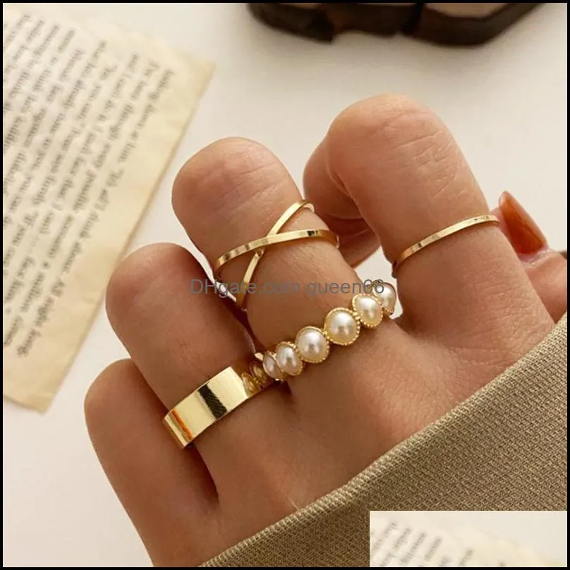 creative retro inlaid pearl ring for women vintage gold silver color joint rings set female elegant fashion jewelry gifts