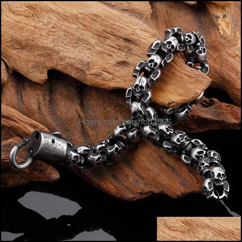 punk long matte skull necklace bracelets for men stainless steel brushed skull charm link chain male gothic jewelry1 526 q2