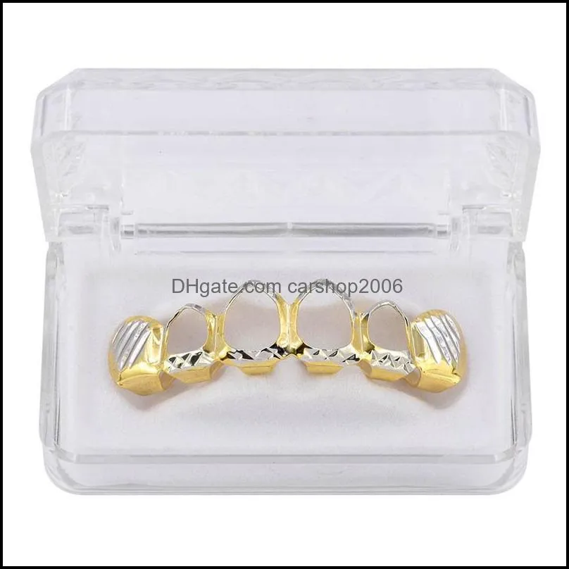  gold silver hollow open dlampnd cut 6 tooth top bottom grills teeth caps tooth hiphop grillz set party jewelry 535 t2