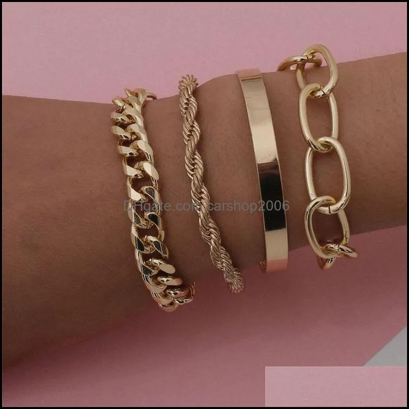 4pcs/set punk curb cuban chain bracelets cuff bangle set women  boho thick gold color charm bracelet twist chain fashion jewelry 367