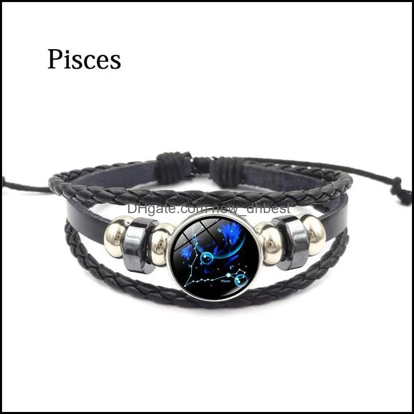 zodiac glass metal buckle charm fashion constellation jewelry black weave multilayer leather bracelet dh 