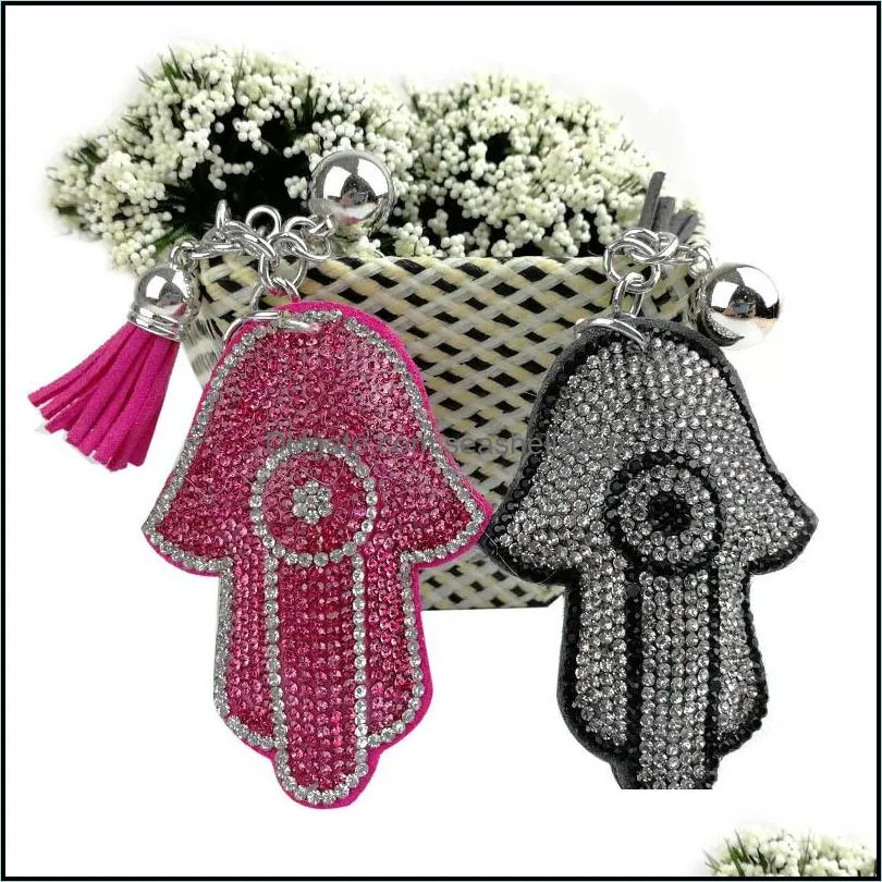 13 colors wholesale silver plated hamsa fatima hand rhinestone charms palm keychain fashion for car key ring accessories 6 w2