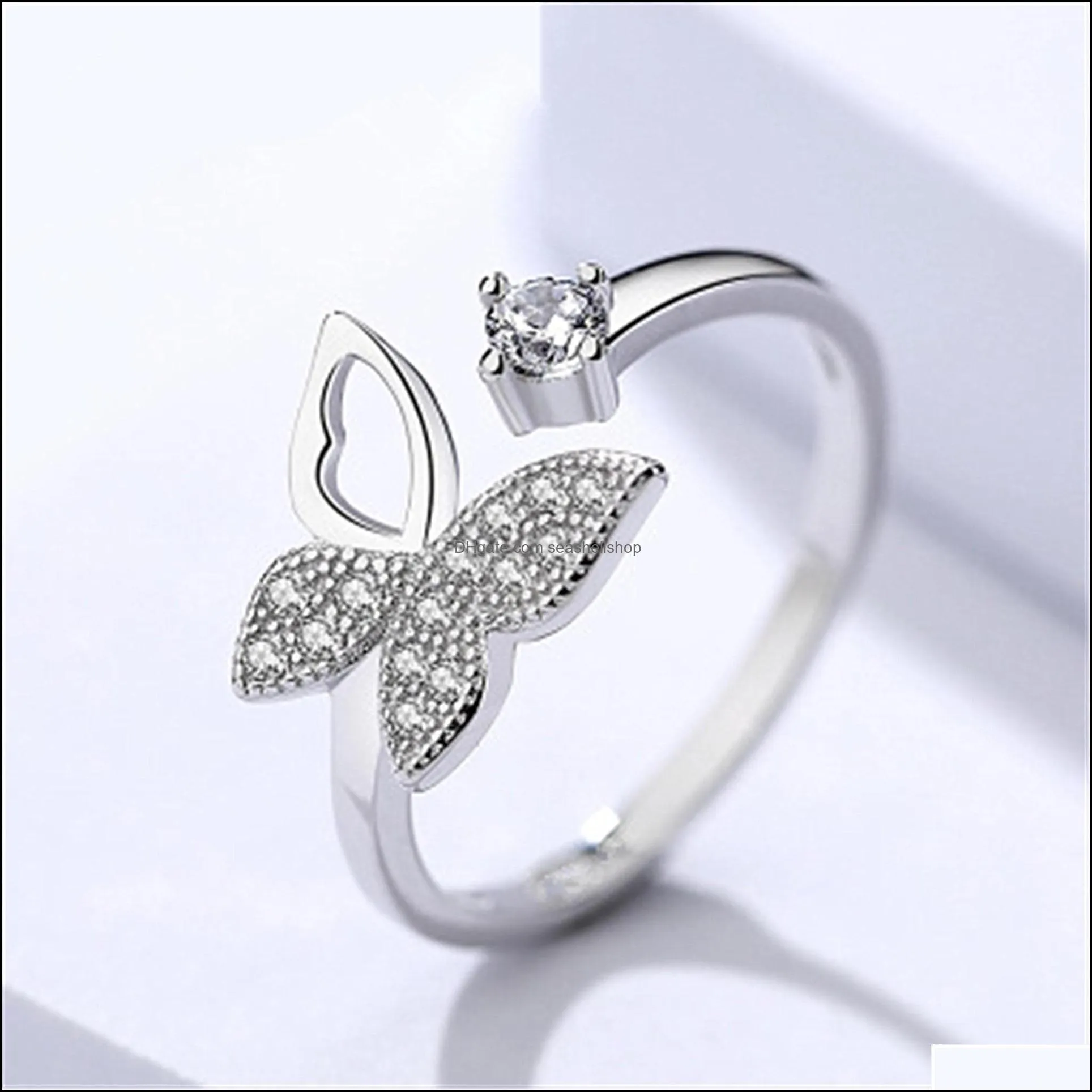 real pure silver color jewelry zircon butterfly ring for women wedding finger open rings anillos anelli