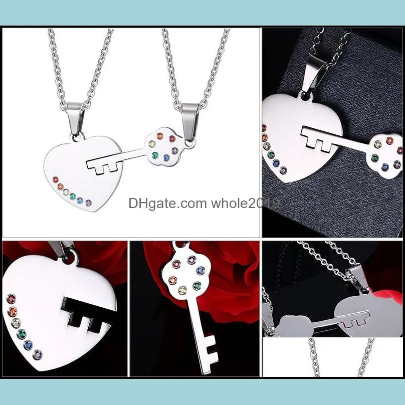 romantic couple heart clock key pendant necklace colorful rhinestone choker silver chain necklace for women fashion valentine day