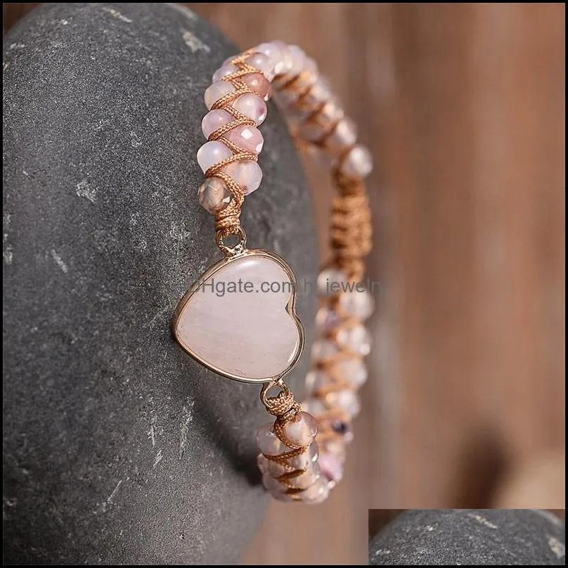 women rose quartz heart stone charm pink jasper bead string braided bracelet handwoven natural adjustable wrap bracelets tennis 3684