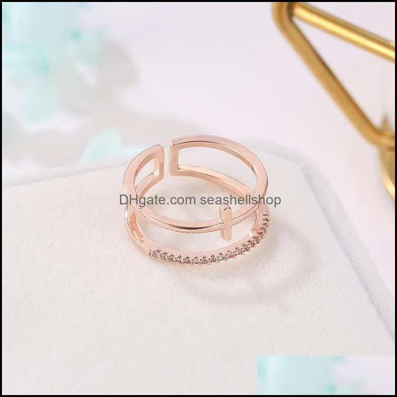  fashion personality double open ring for women silver rose gold mini crystal ring adjust engagement wedding valentines day