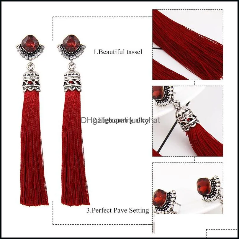 high quality rhombus crystal earrings boho red green thread vintage tassel drop dangle earrings for women fashion jewelryz
