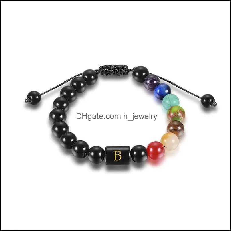 7 chakra letter strands bracelets initial natural black onyx stone bead bracelet braided rope yoga energy healing bracelet for women