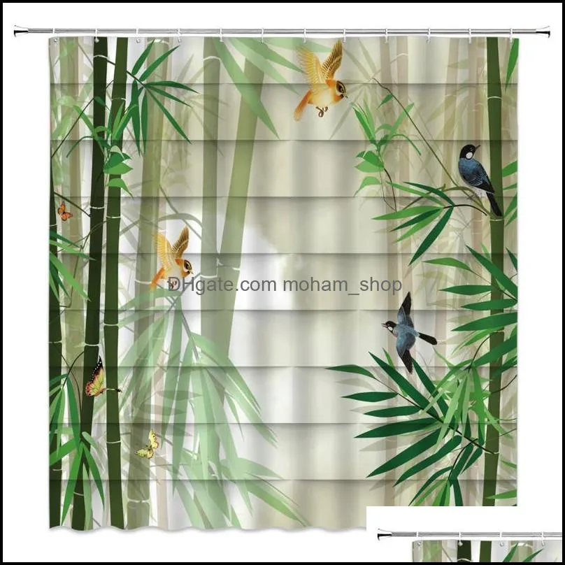 green bamboo shower curtains spring plant scenery bird butterfly leaf geometric pattern bathroom decor cloth curtain set