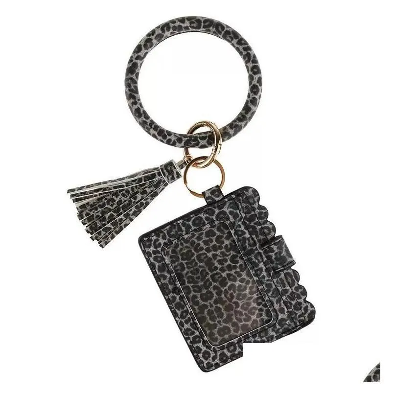 leopard print pu leather tassel pendant bracelet party favor ladies leather keychain wallet mobile phone bag card package business