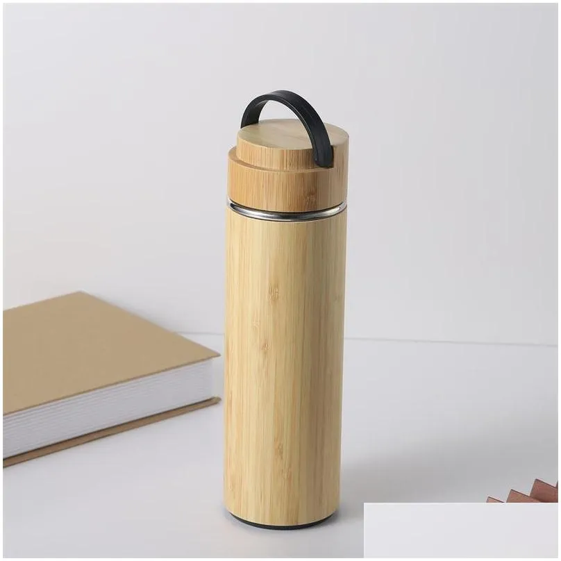 ups 450ml 500ml bamboo thermos bottle with handle stainless steel vacuum flask portable water bottle coffee cup customize logo