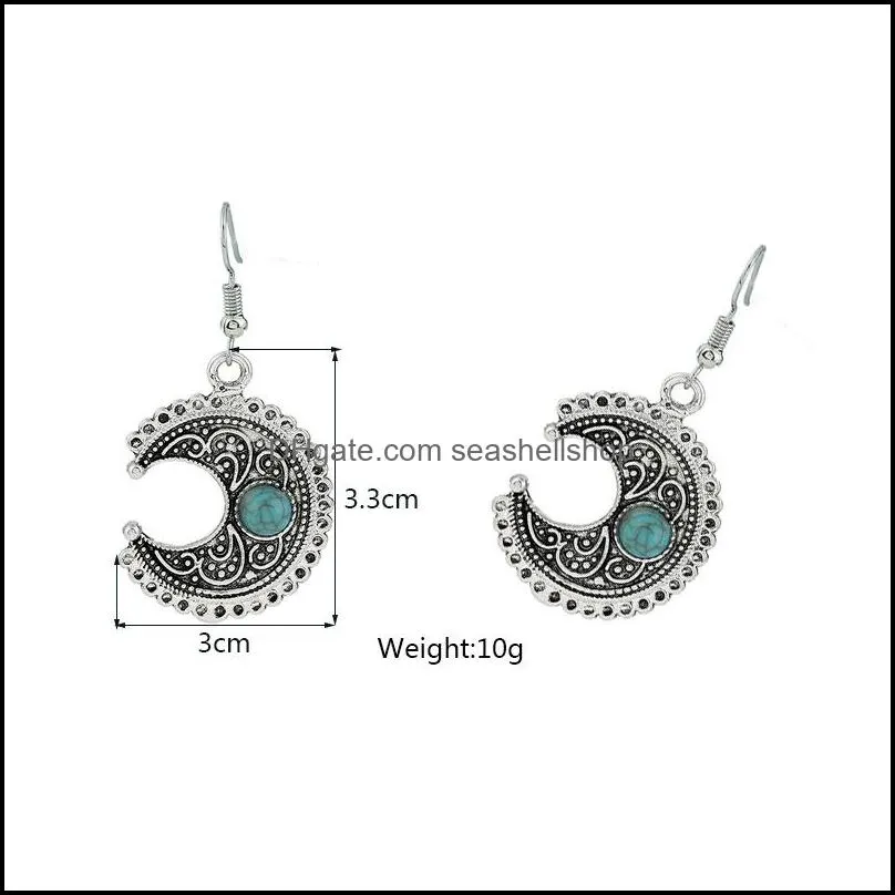 bohemian vintage turquoise moon earrings female accessories korean silver hollow curved moon earrings jewelry