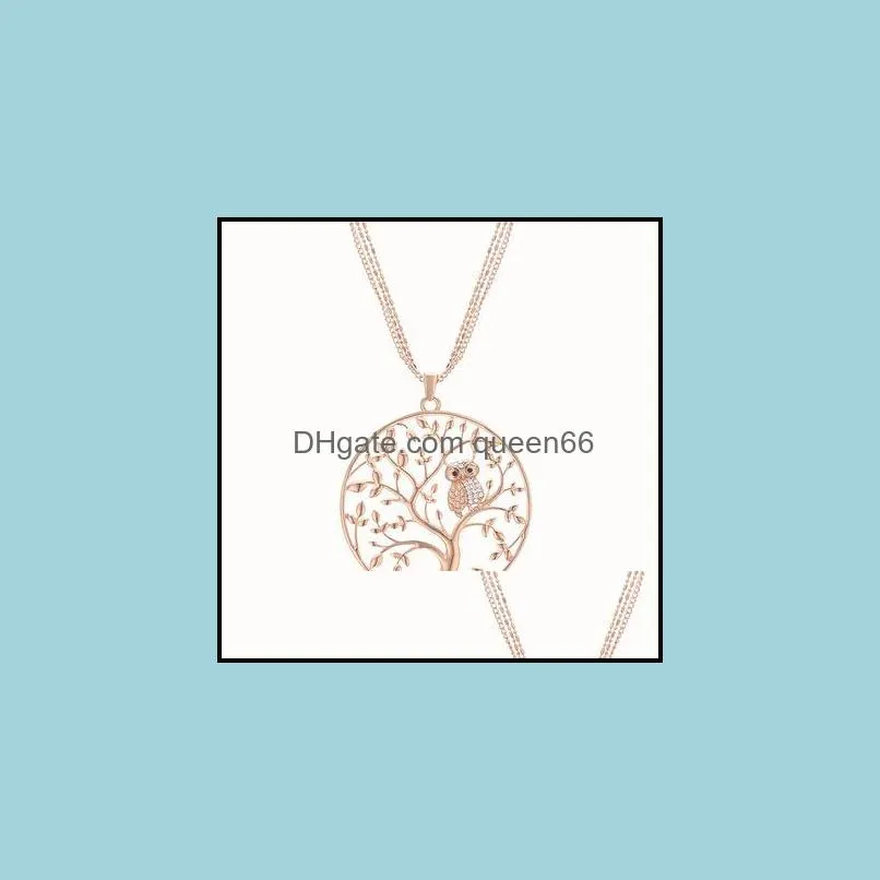 small owl tree of life necklace for women rhinestone pendant rose gold sweater chain long necklaces statement jewelry bijoux