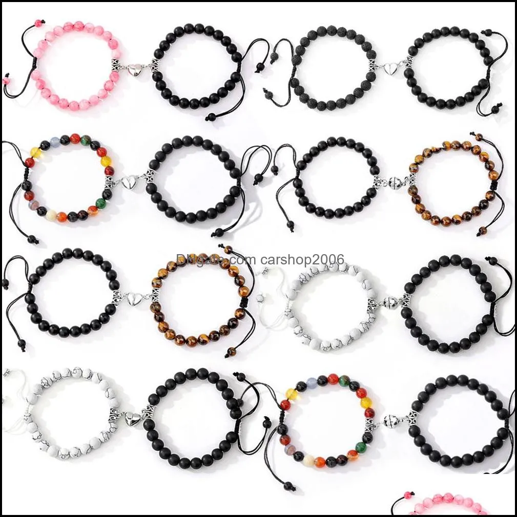 2pcs creative magnet attract couple charm chain bracelets good friend lover 8mm natural stone beads handmade braided rope woven bracelet for