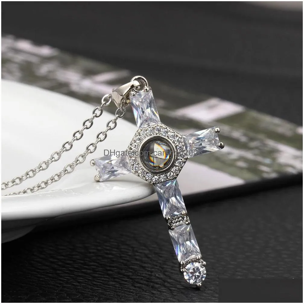 fashion jewelry ornaments projection necklace diamond pendants words cross pendant necklaces