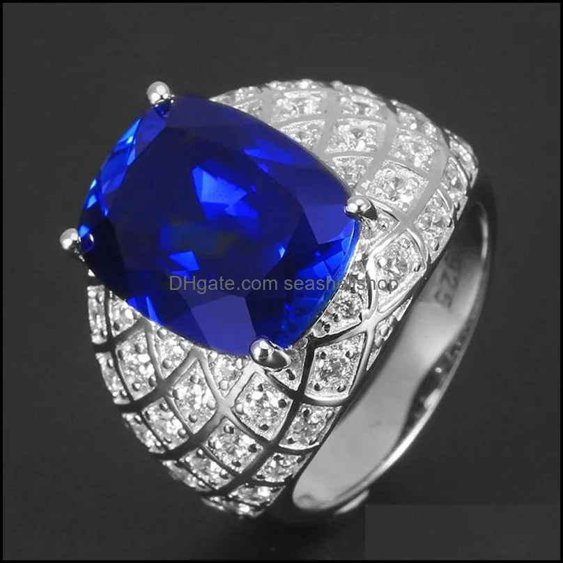 highend exquisite trendy mens open fat rectangular sapphire ring full of diamonds inlaid with zircon simulation dark blue tanzanite