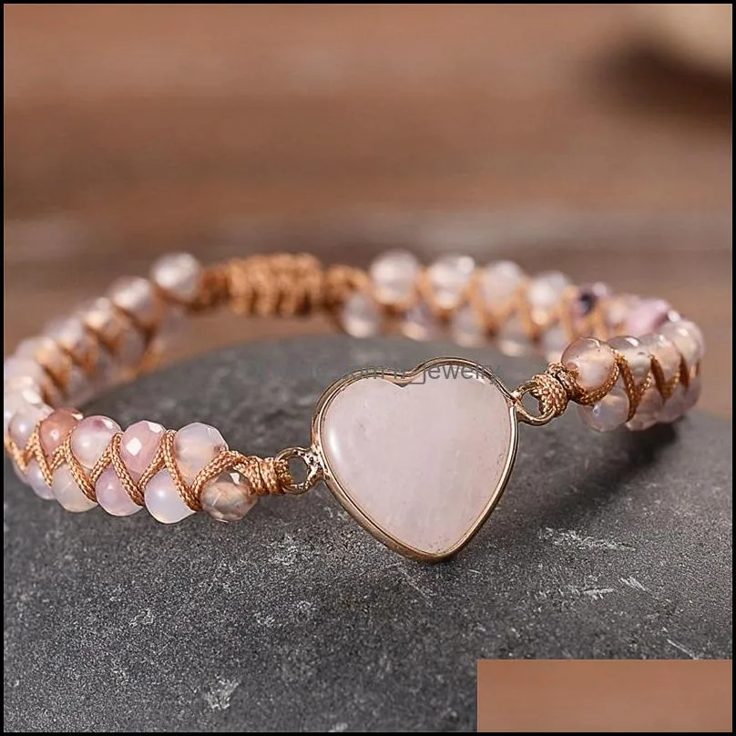 women rose quartz heart stone charm pink jasper bead string braided bracelet handwoven natural adjustable wrap bracelets tennis 3684