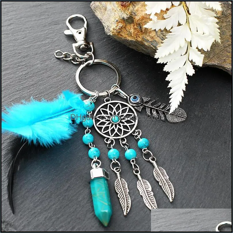dream catcher keychains blue feather tassel hamsa hand evil eye keyring for wall car hanging decor amulet boho jewelry