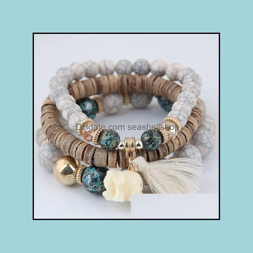 wooden beads bracelets for women bohemia jewelry elephant tassel charm bracelets bangles set