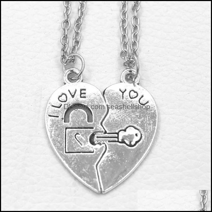 couple necklaces set womens gifts fashion lock key couple i love you heart pendant necklace 2 pcs/set beautifully key chain