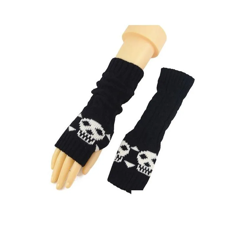 ups women winter wrist arm warmer skull knitted long fingerless gloves mitten halloween gloves womens knitted sleeve