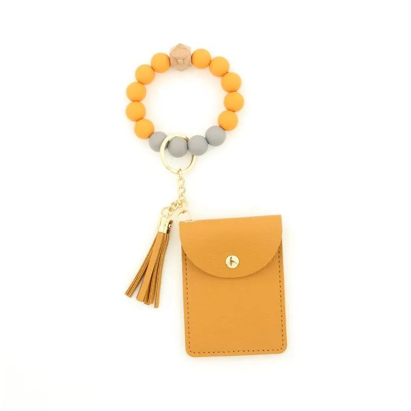 ups silicone bead bracelet party favor solid color card bag key chain wallet leather tassel multi card slot change bag leather card