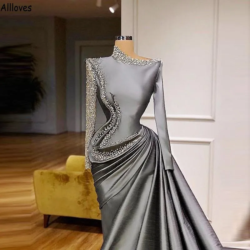 Silver Sequined Asymmetry Neck Evening Dresses For Women Dubai Arabic One Shoulder Long Sleeves Prom Party Gowns Formal Ruched Long Skirt Vestidos De Festa CL1743