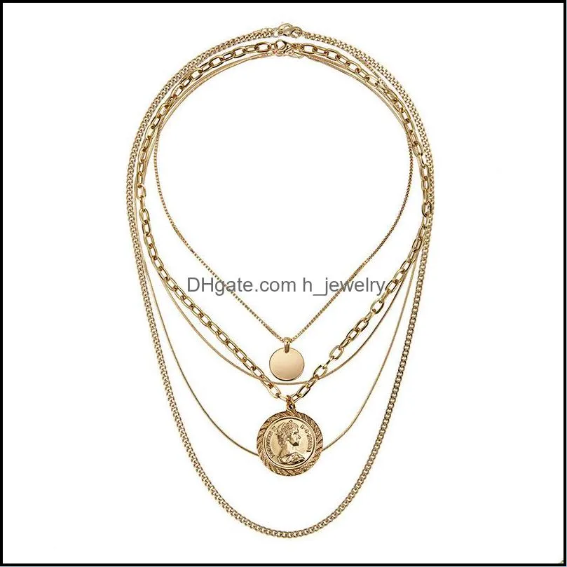  design multi layers metal human head chokers necklace gold coin circle pendant necklace vintage chains necklace