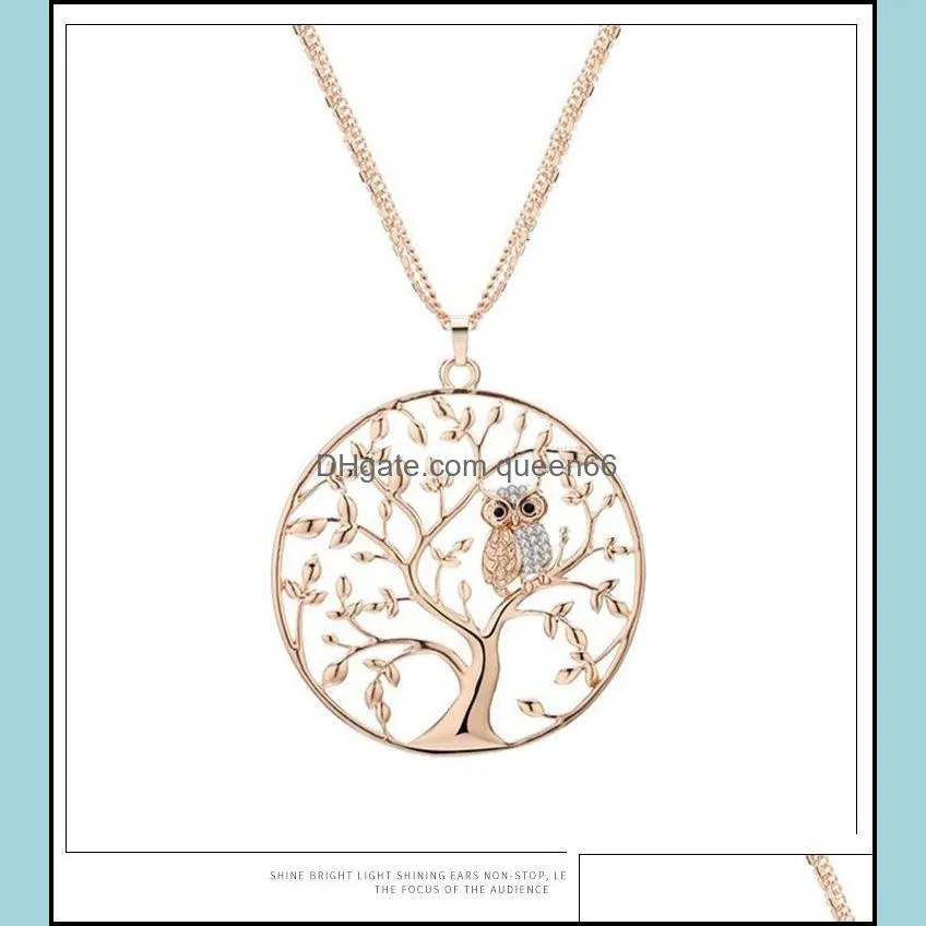 small owl tree of life necklace for women rhinestone pendant rose gold sweater chain long necklaces statement jewelry bijoux