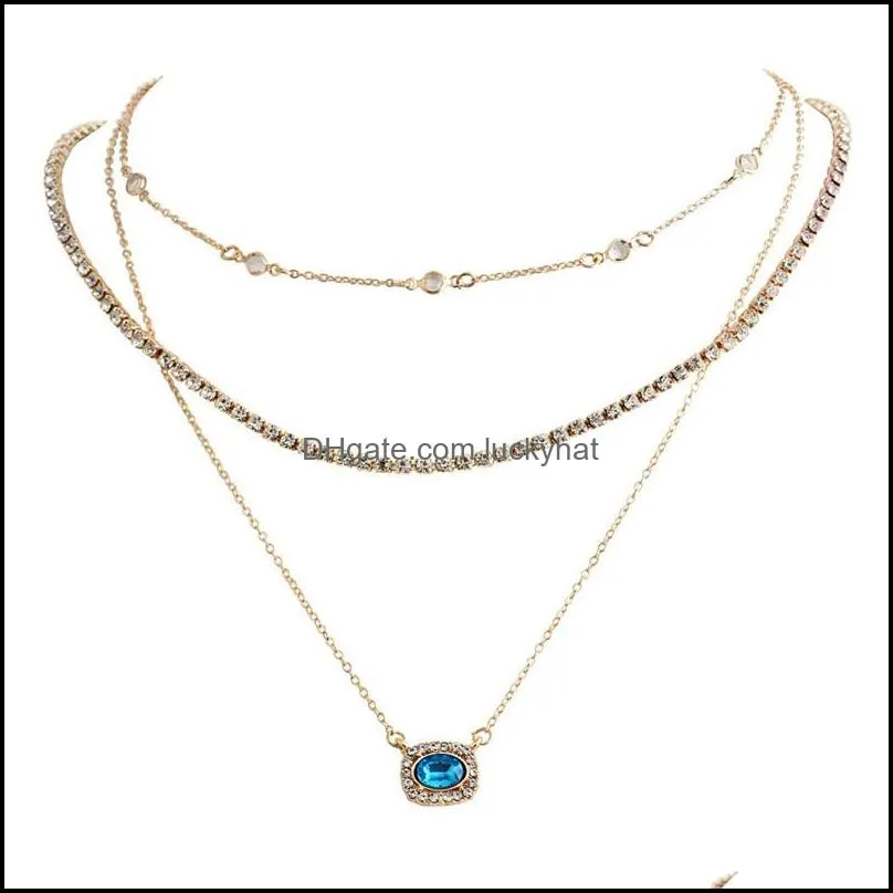 vintage multilayer gold necklaces geometry blue rhinestone gold multilayer chain pendant necklace for women valentines day charm