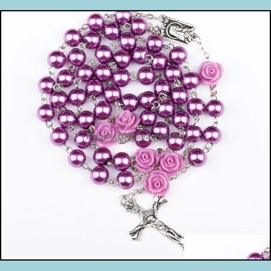religious simulated pearl beads purple rose catholic rosary necklace long necklaces jesus jewelry