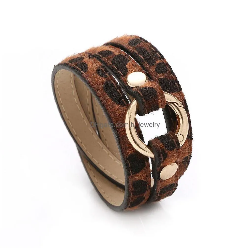 fashion jewelry pu leather bracelet multilayer wrapped leopard horsehair pu bangle bracelet