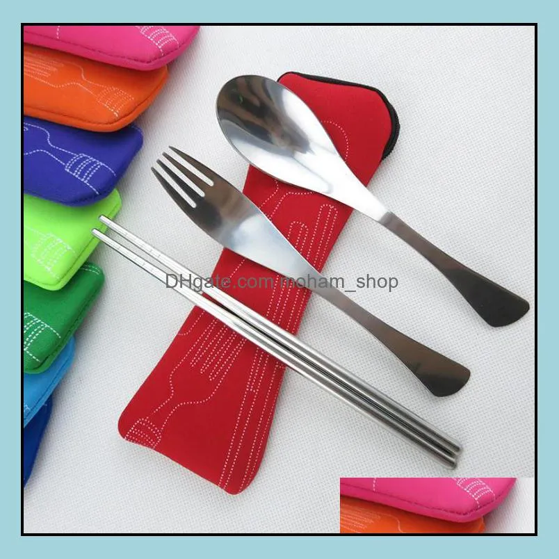 wholesale dinnerware set stainless steel fork cutlery reusable outdoor camping portable bag picnic tableware sn1641