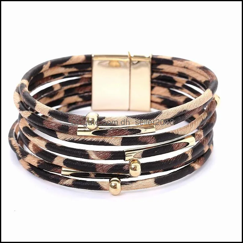 2020 leopard leather bracelets for women multilayer pu leather wide wrap bracelet wristband cuff bangle with magnetic buckle jewelry