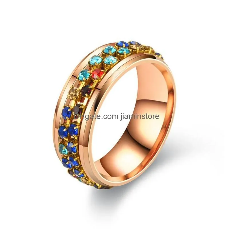 fashion jewelry stainless steel ring colorful rhinstone chain rotatable rings