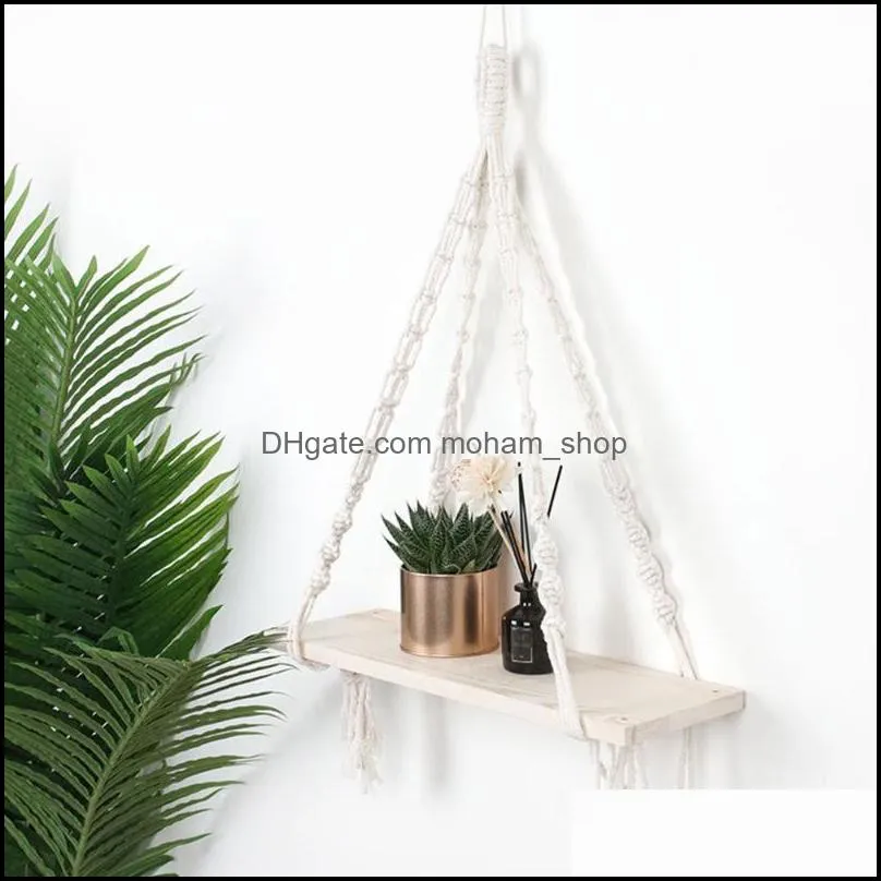 other home decor wall hanging wood floating storage shelf with swing crochet rope display organizer boho tassel plant hanger for