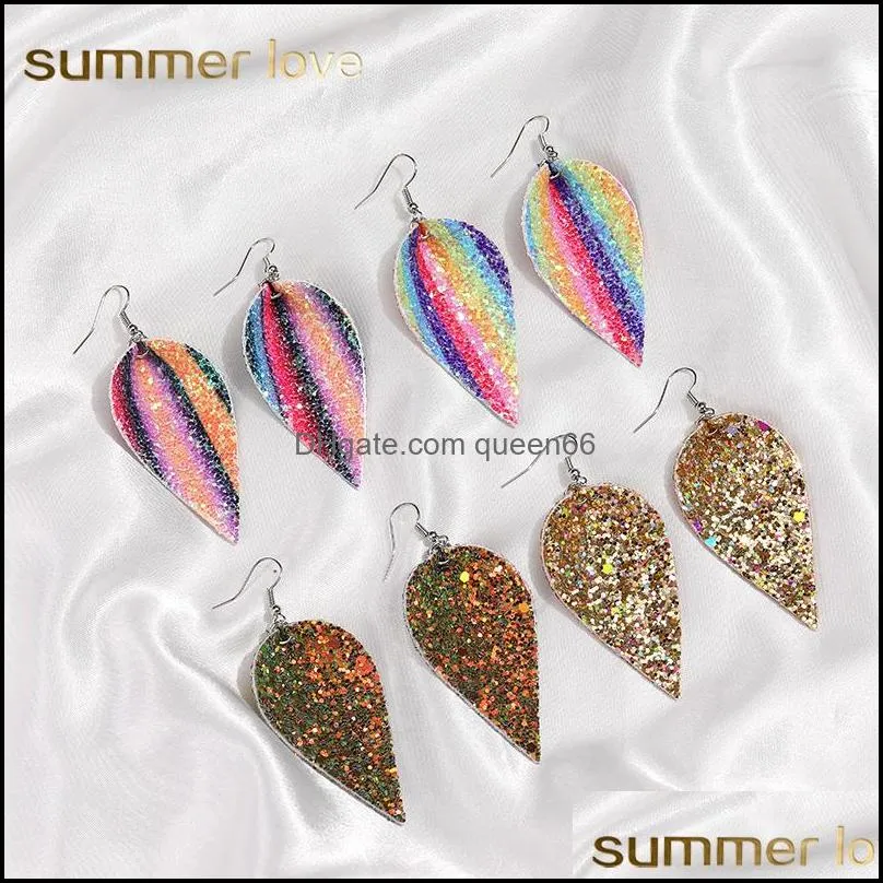 unique design christmas pu leather leaf oval earrings fashion sequin glitter colorful double side dangle earring jewelry gifts for