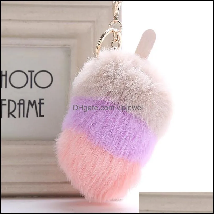 fluffy ice cream fur ball key ring charm hanging pompom keychain plush pendant bag keyfobs holder ornament 7 styles h586q a