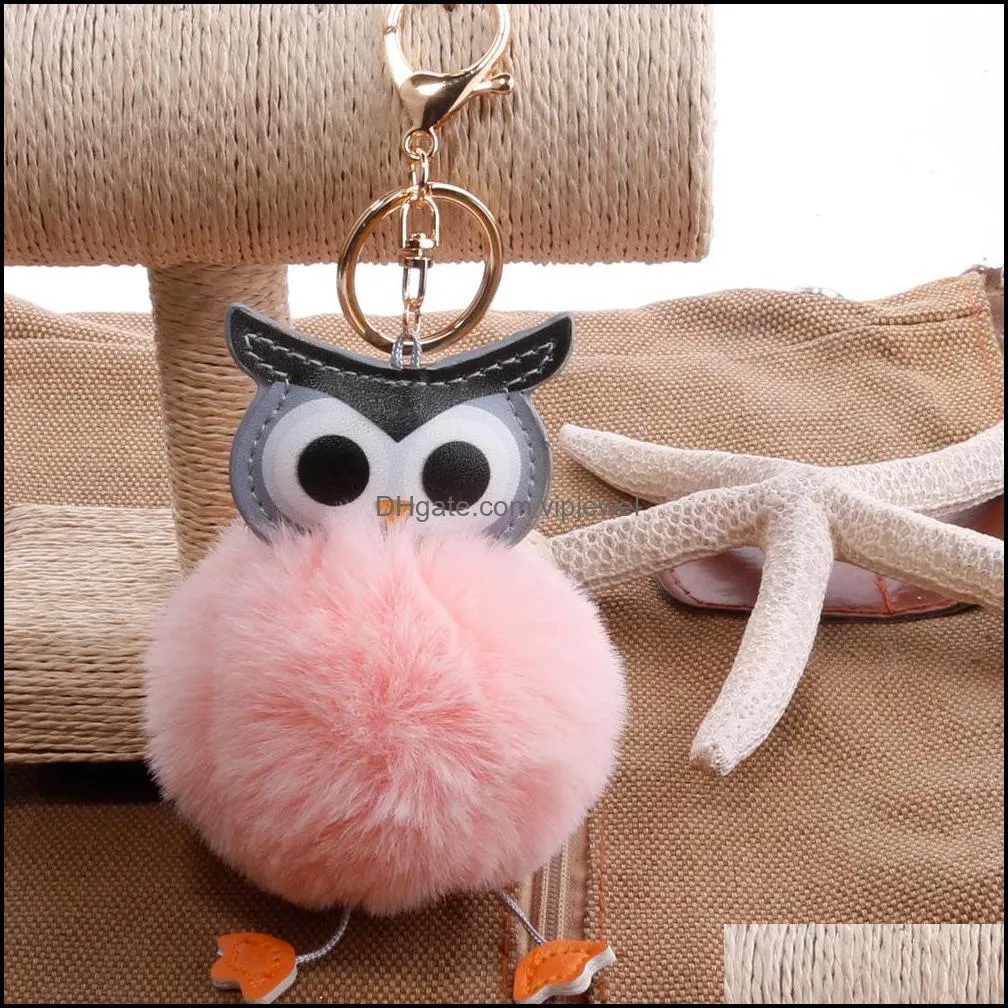 creative doublesided pu owl hair ball key ring cute bag car pendant fashion pompom keychain cartoon animal keyfobs d513q a